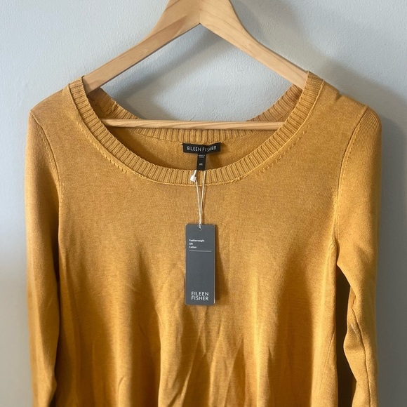 BNWT Eileen Fisher Splitback Scoop Neck Cotton Silk Sweater Top Size XS Ochre - Picture 3 of 10